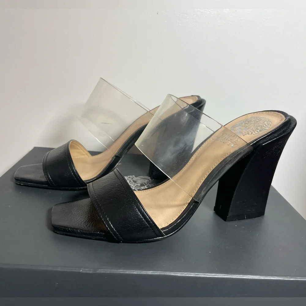 Vince Camuto Felima two strap wedge sandals clear lucite black leather size 5 - Picture 2 of 7